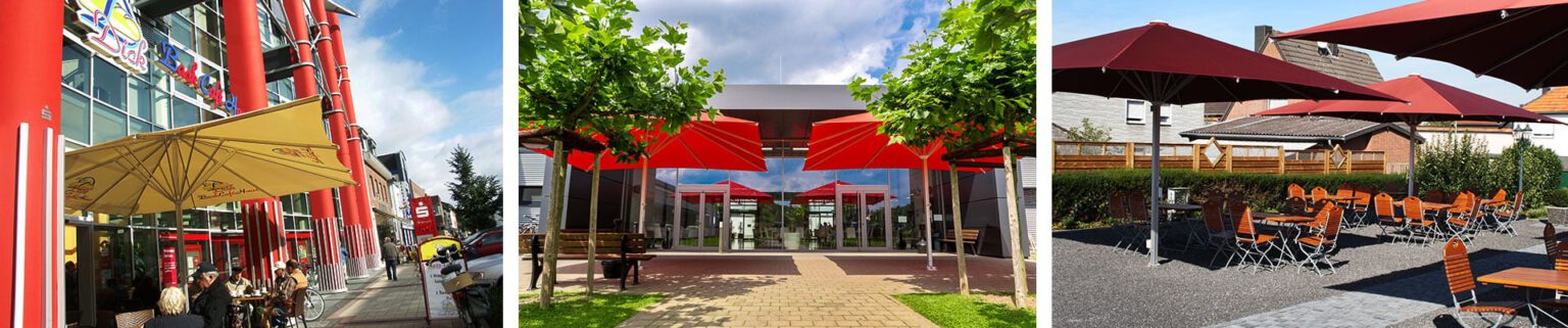 Großschirme in unterschiedlichen Umgebungen: vor einem modernen Café, einem Gewerbeeingang und in einem Biergarten.