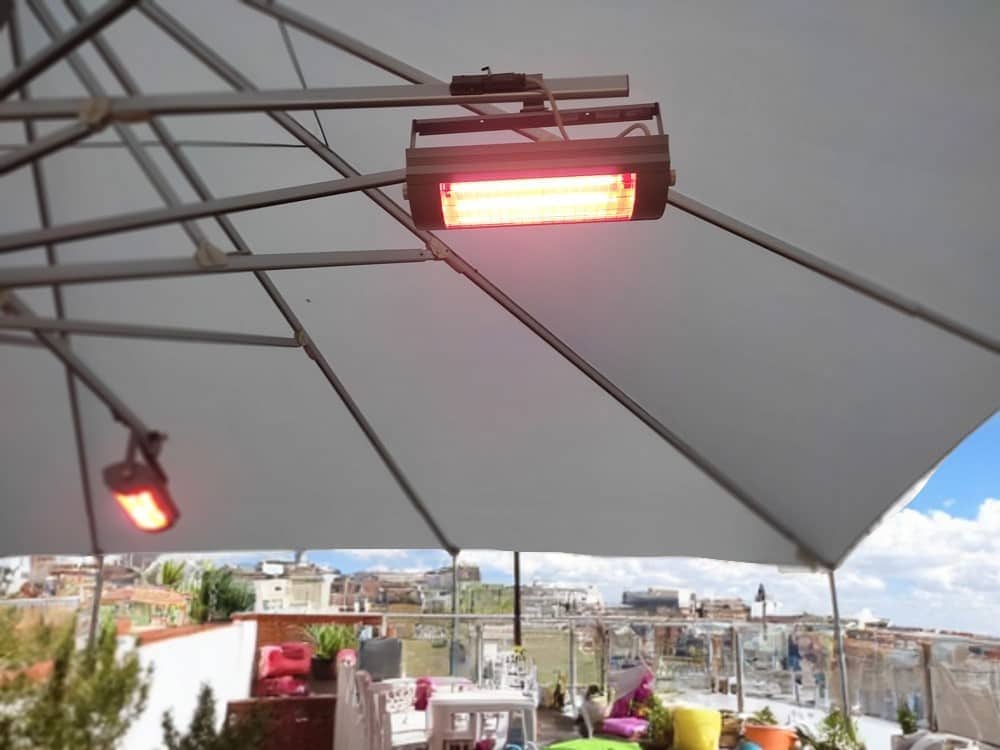 Sonnenschirm von ParaPro mit Solamagic-Heizstrahlern auf einer Dachterrasse in der Gastronomie